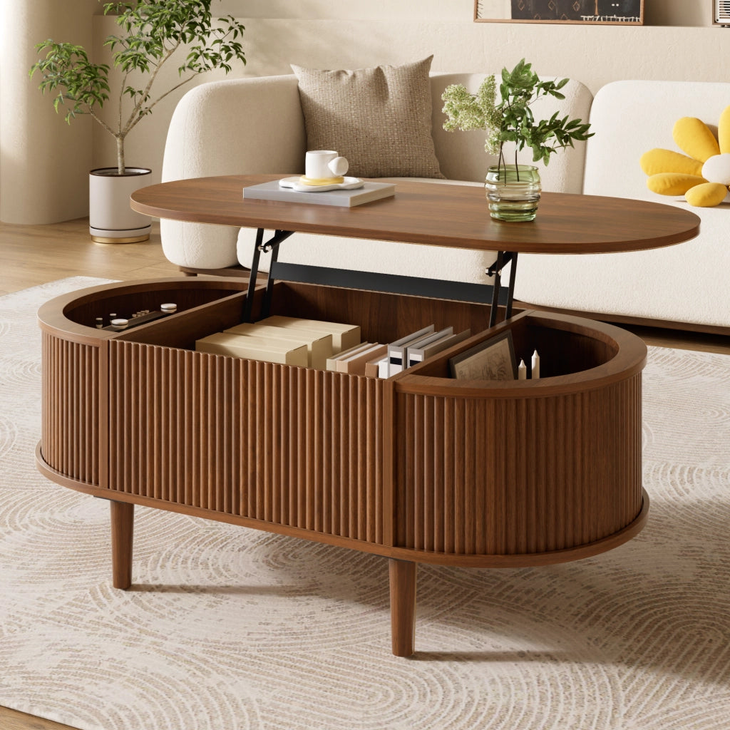 Tavolino da caffè ovale regolabile in altezza 100x48x54;5 cm in MDF; noce
