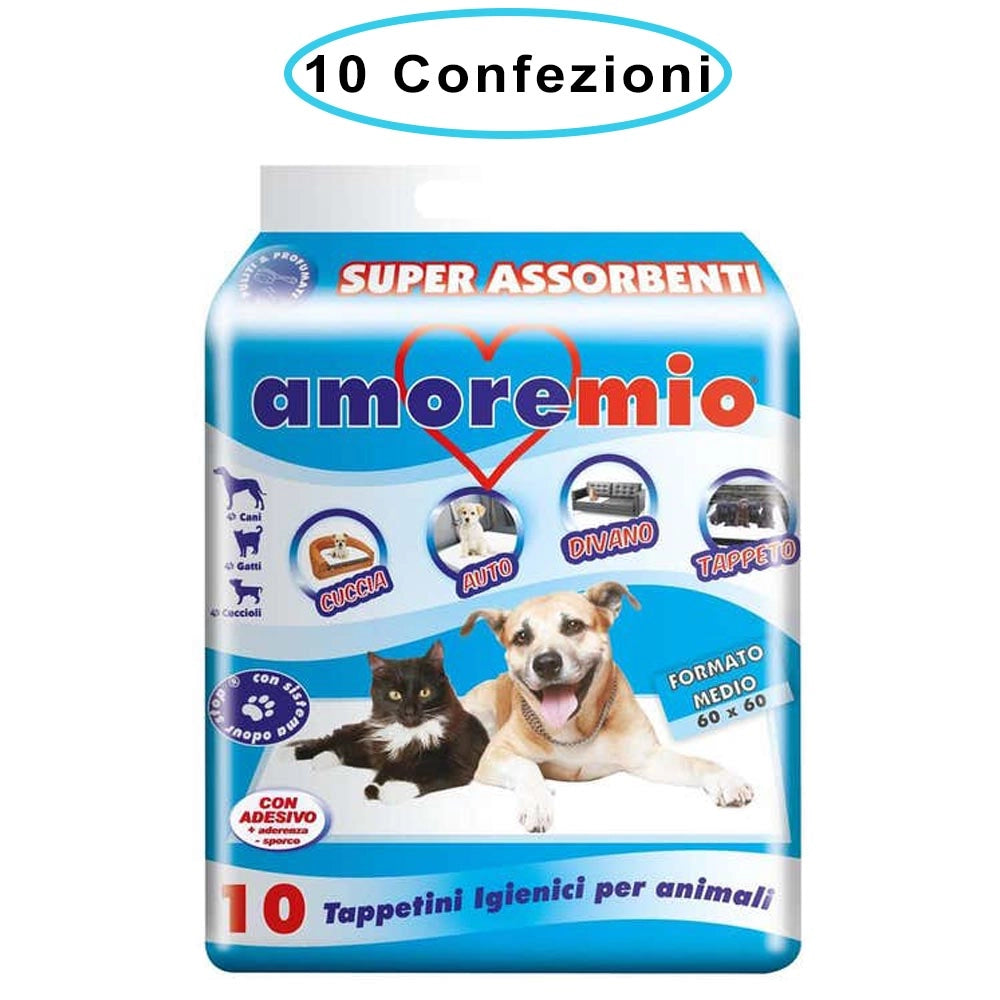 Amore mio tappetini igienici per cani cm 60x60 basic con polimeri 10 confezioni da 10 tappetini