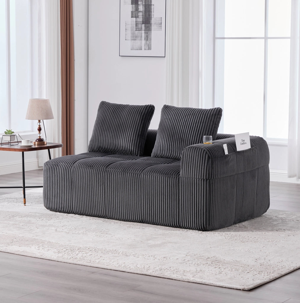 Divano a 2 posti in tessuto corduroy grigio scuro 158x93x61 cm con tasche laterali e portabicchieri