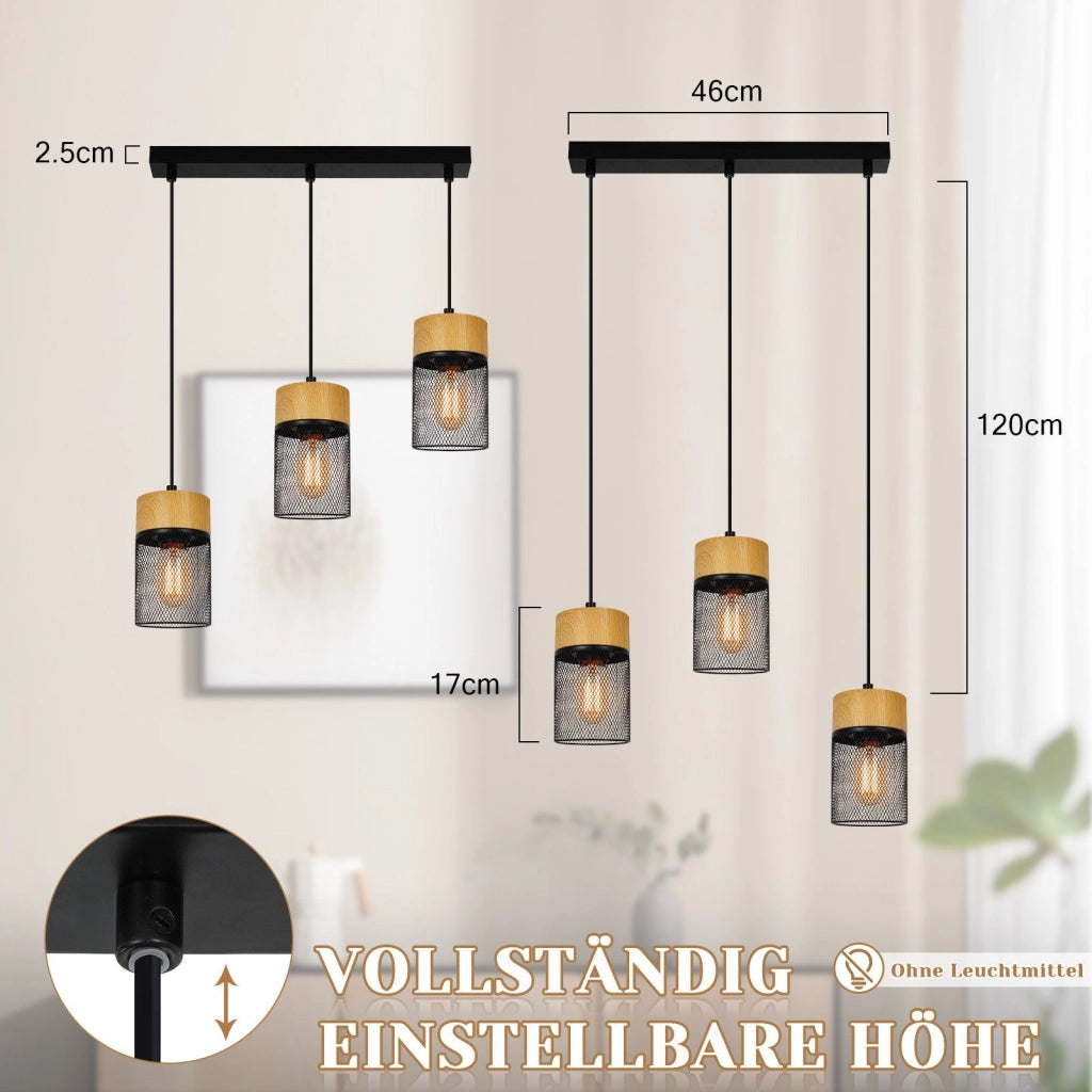 Lampada a sospensione ZMH 3 luci barra legno nero venature per sala da pranzo corridoio e bar
