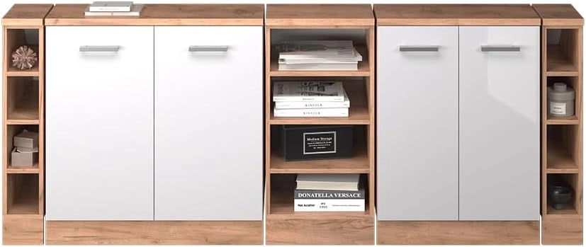 Set di mobili sottotetto Rion, Bianco lucido, 210 cm Set di 5 carcasse armadio profondità 60 cm, adatto per il salvaspazio sotto tetti spioventi