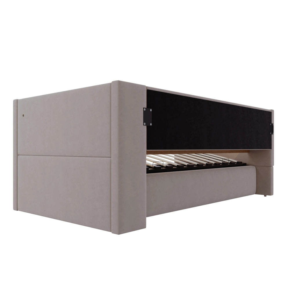 Divano letto 90x190 cm con contenitore idraulico; LED e prese in flanella grigio scuro