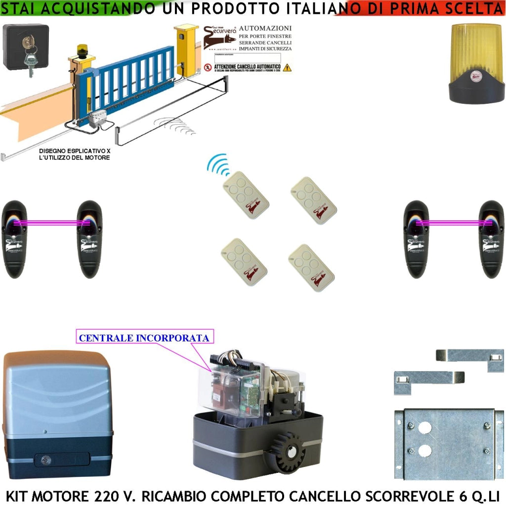 Kit Motore 230 V e Centrale Ricambio Cancello Scorrevole Traina 6 Q.li 4 Radiocomandi Faro Selettore 2 Coppie Fotocellule Pignone Acciaio M4 Z12 Fine Corsa Elettromeccanico Compatibile Altre Marche CE