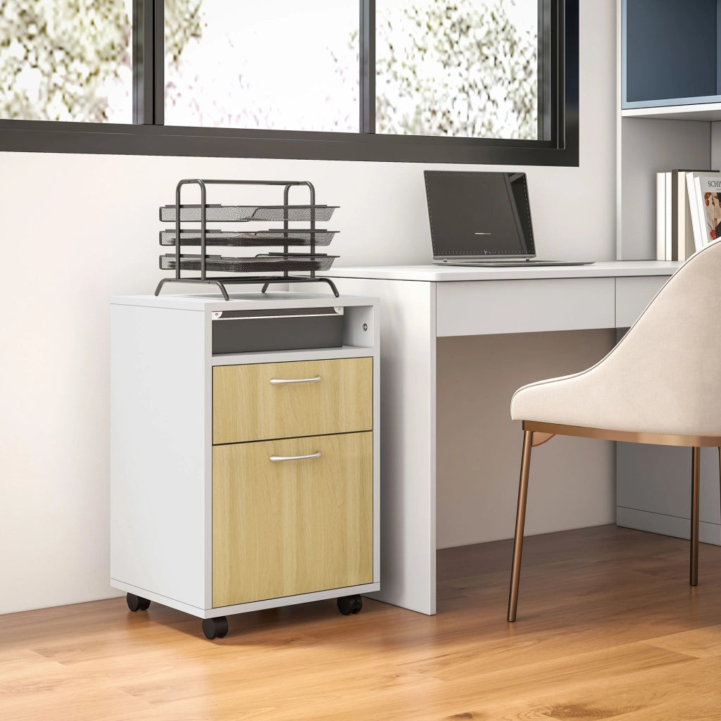 Cassettiera con Anta e Ruote per Ufficio ¨C zephmum ¨C Bianco e Naturale 40x35x60 cm