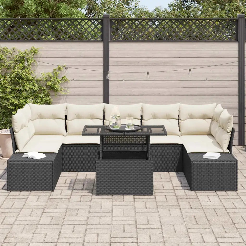 Set Divano da Giardino con cuscino 8 pcs Nero e Crema