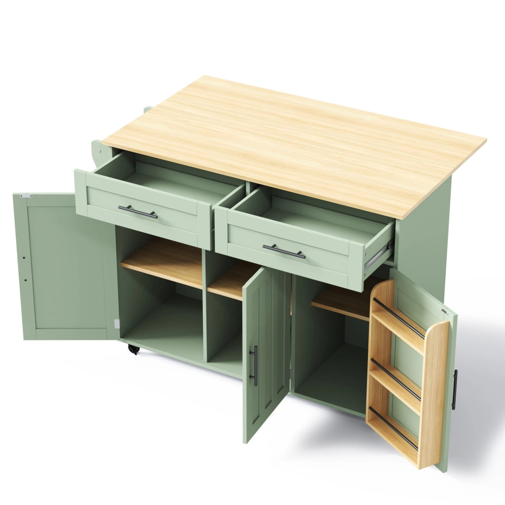 Isola Cucina Mobile 129x46/71x91,5 cm Verde Antico con Piano Ribaltabile, 2 Cassetti e 5 Ruote
