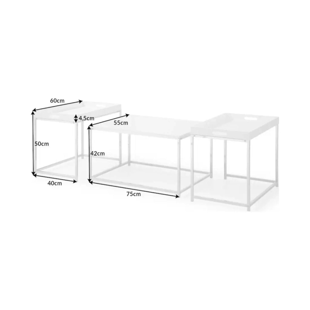 Tavolini bassi nidificati VORTEX bianco opaco e metallo argentato - set di 3 design moderno