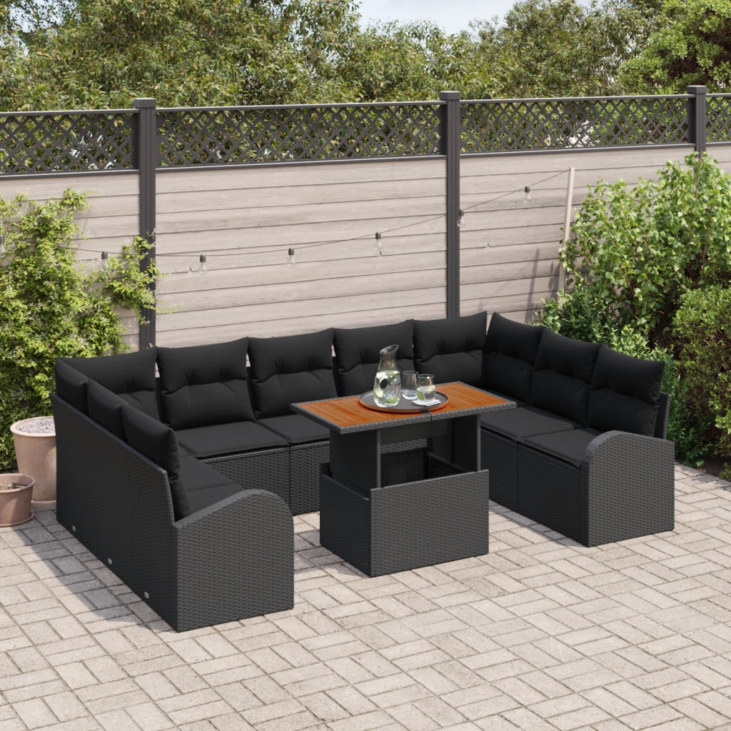 Set Pranzo Giardino 10 Pezzi Cuscini Nero Polyrattan Acacia