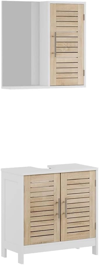 Set di mobili da bagno 3 pezzi Looma, Bianco/quercia, 60 cm, composto da mobile sottolavabo, specchiera e mobile medio