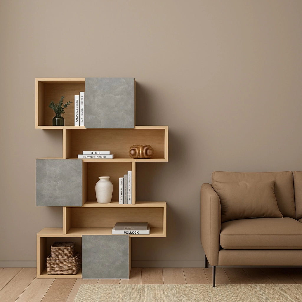 Libreria Acetosella, Scaffale da ufficio, Mobile portalibri, Biblioteca, 96x32 h166 cm, Rovere e Cemento