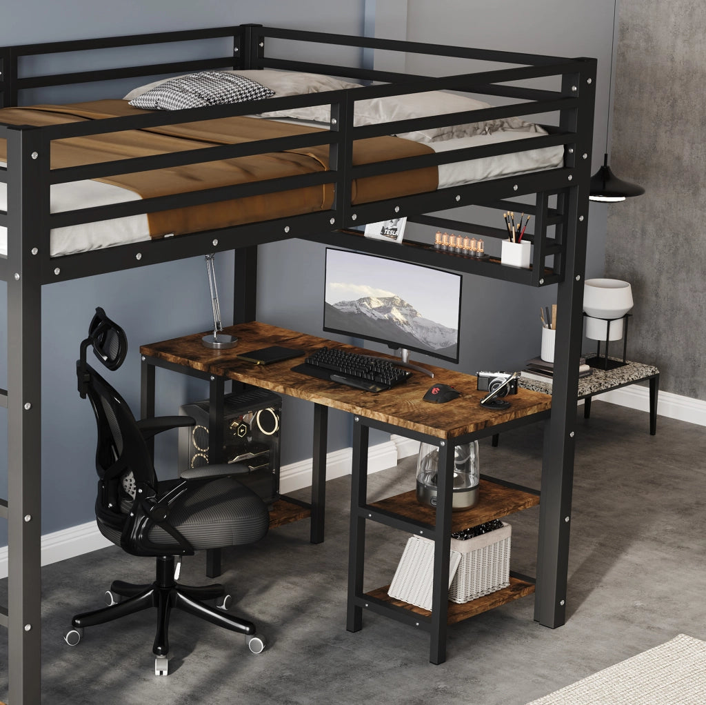 Letto a soppalco ULEVR 120x200 cm con scrivania, scaffale e scale con corrimano, nero e noce scuro