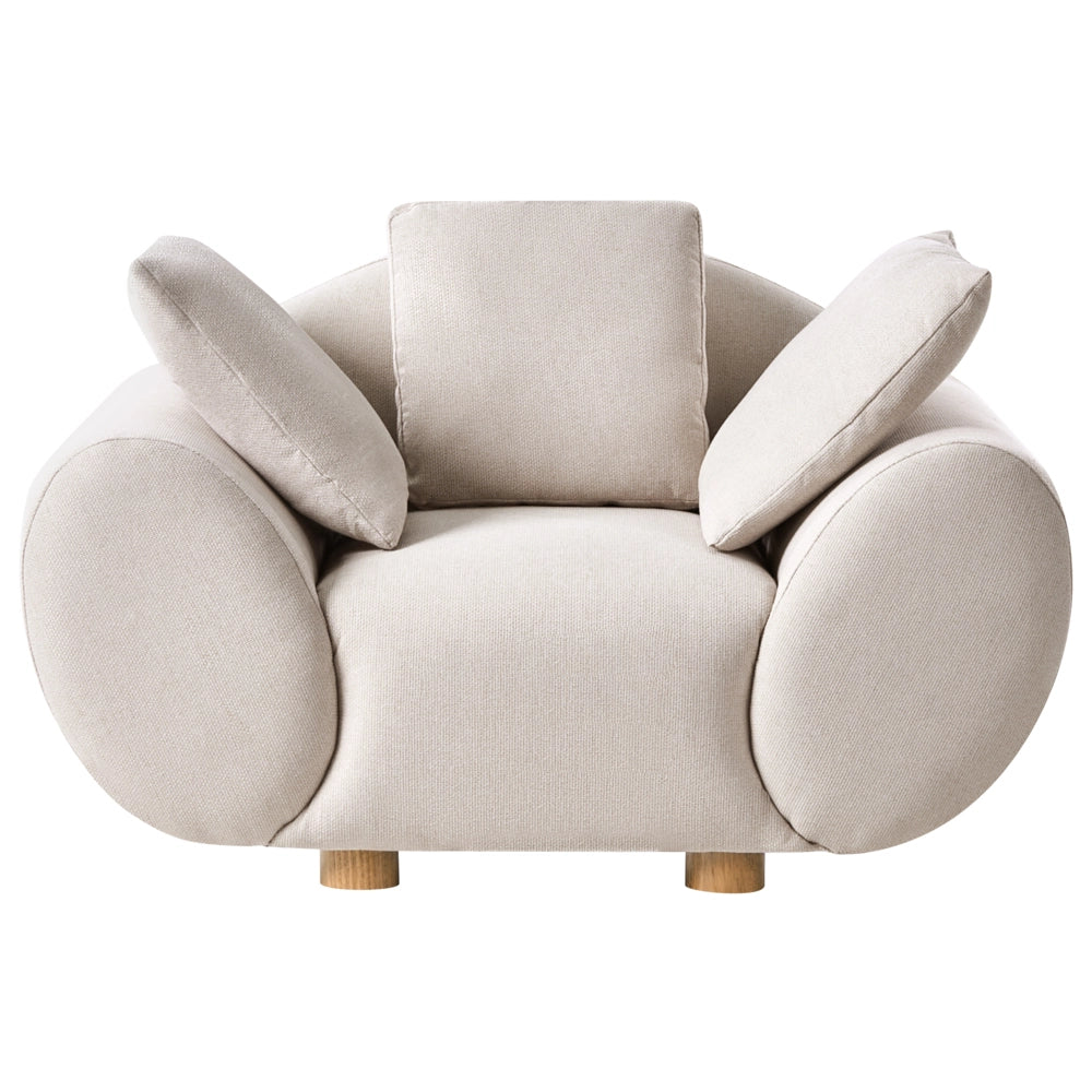 Poltrona imbottita moderna per appartamento Gambe in legno di gomma Schienale imbottito in tessuto intrecciato Beige chiaro