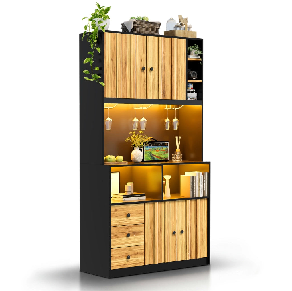 Credenza cucina 100x40x180 cm con LED; prese e portabottiglie in MDF nero e naturale