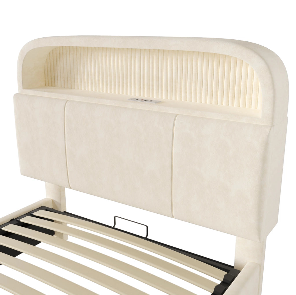 Letto singolo imbottito ULEVR 90x200 cm con contenitore idraulico, LED, USB e Type-C, velluto beige