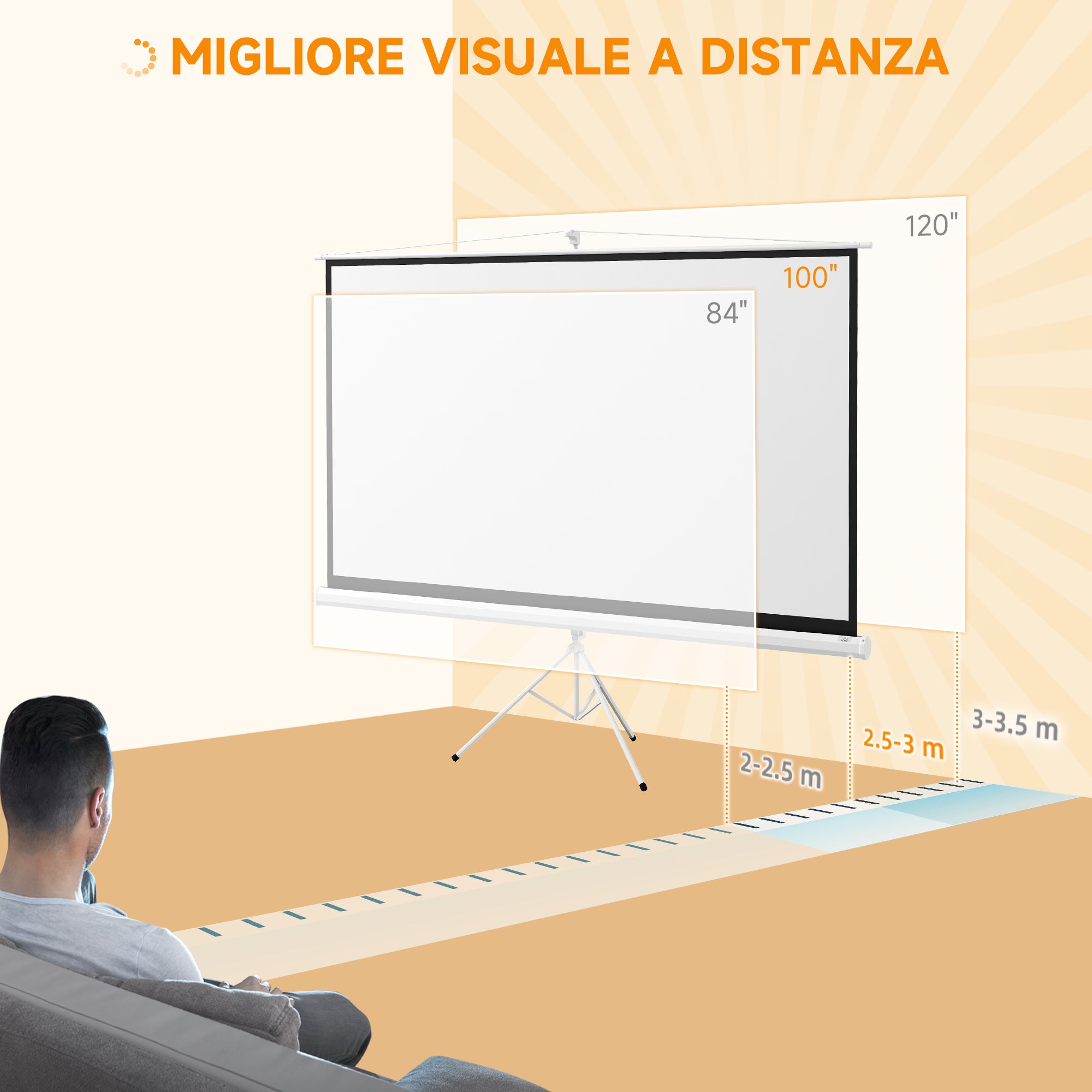 Telo per Proiettore Pieghevole da 100" con Treppiede Regolabile 235,8x8x136 cm in Plastica e Metallo Bianco