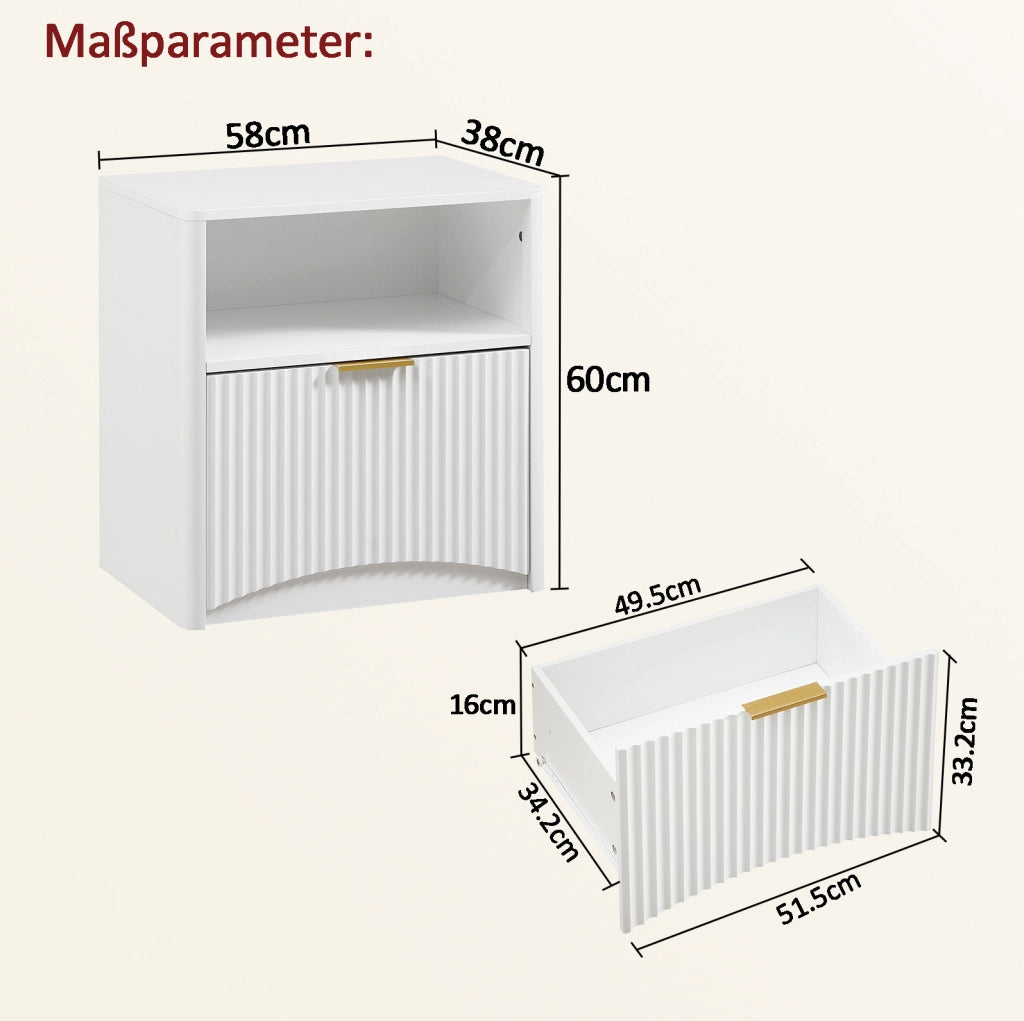 Comodino bianco 58 cm con vano aperto e maniglia dorata