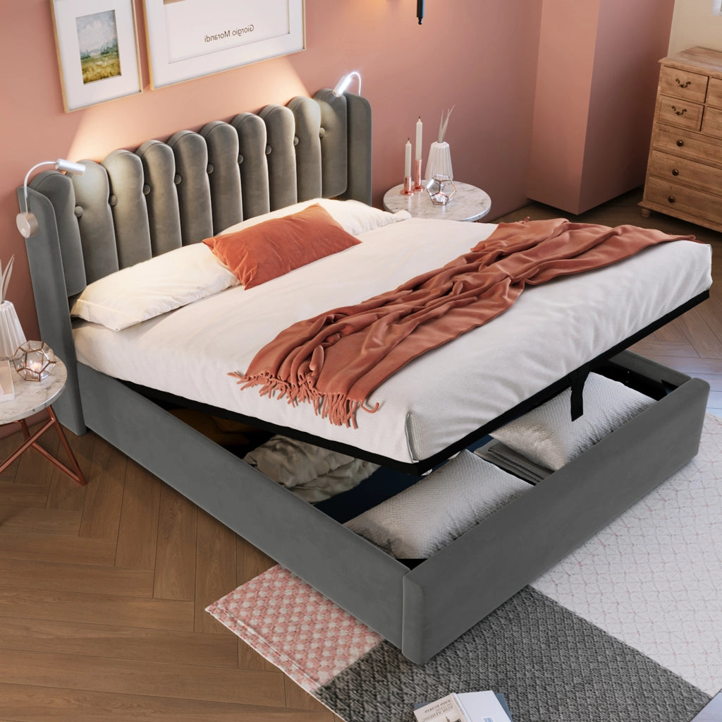 Letto contenitore 140x200 in velluto grigio con luce LED USB, rete e materasso H3