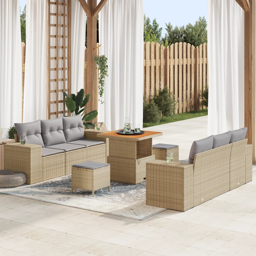 Set divano da giardino  a 9 pezzi con cuscini beige in rattan polimerico e acacia