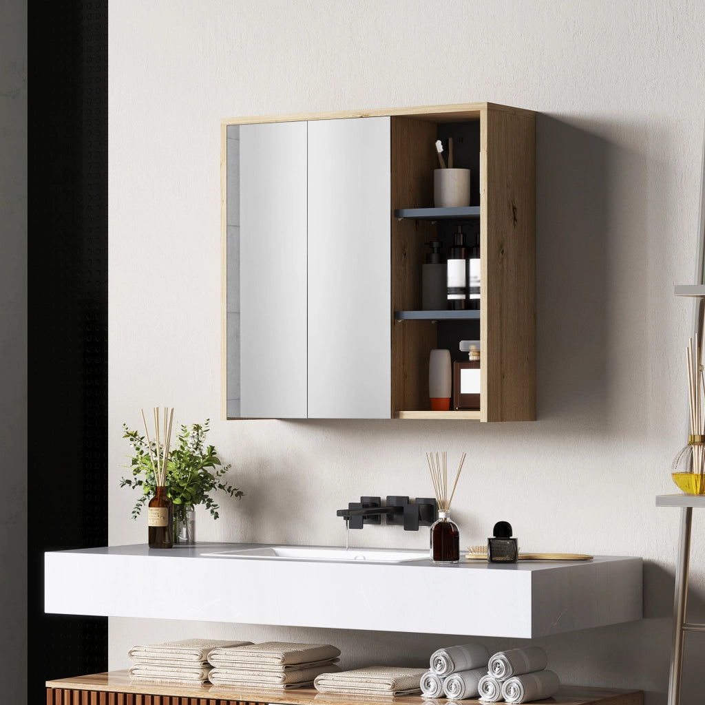 Specchio da Bagno Contenitore con 2 Ante 60x20x60 cm con Specchio e Scomparto Aperto Naturale