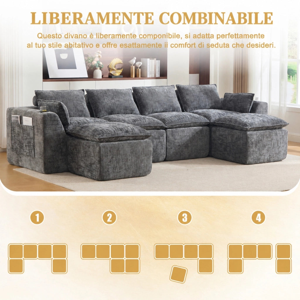 Divano modulare 4 posti con due pouf e portabicchieri; ciniglia; grigio scuro