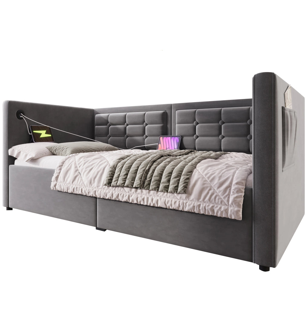 Divano letto idraulico 90x190 cm in velluto grigio con USB e Type-C; senza materasso
