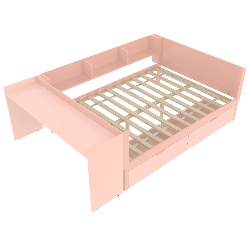 Letto matrimoniale 140x200 cm rosa in legno con scrivania e 2 cassetti