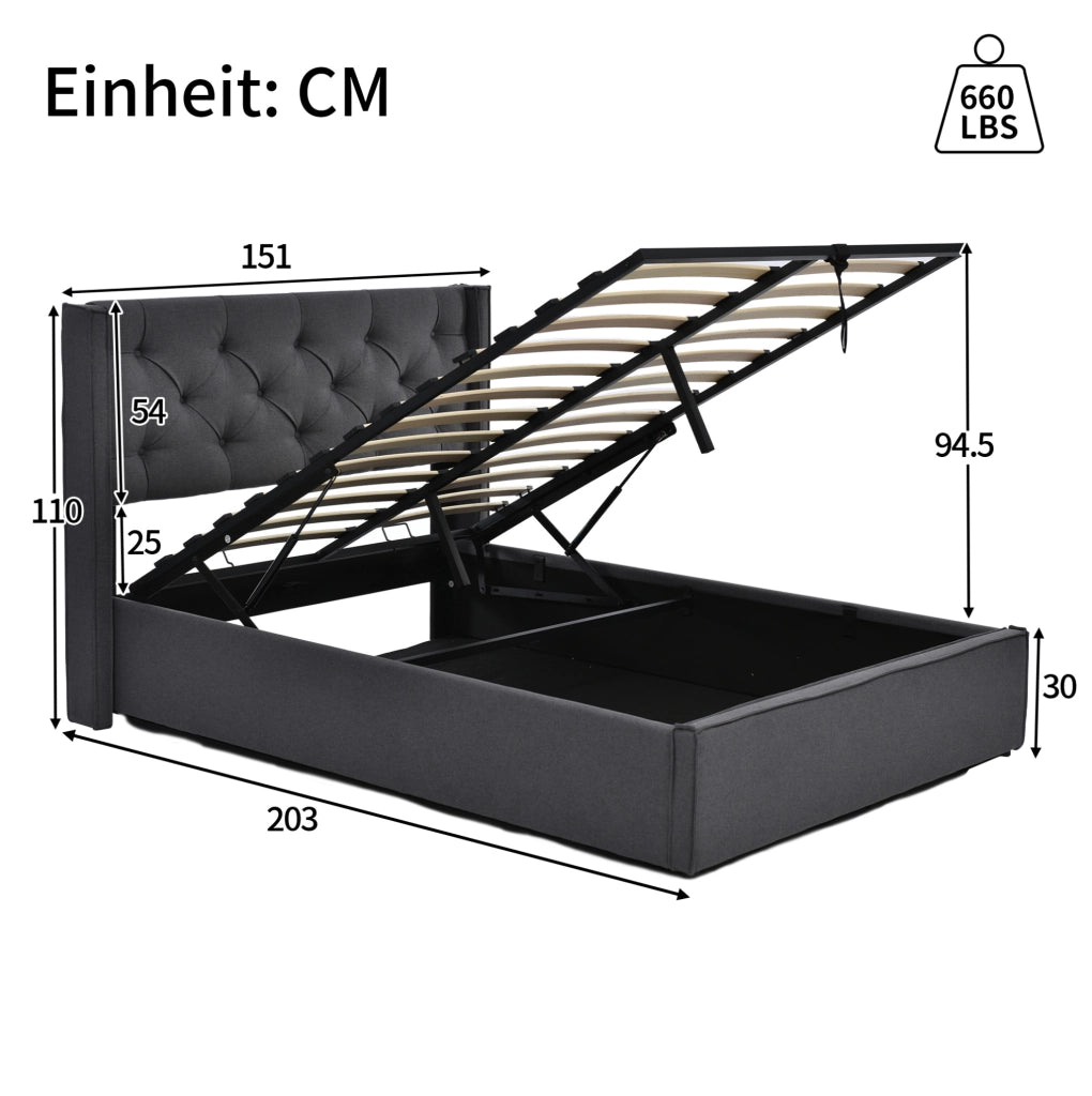 Letto imbottito idraulico 140x200 cm grigio con vano contenitore