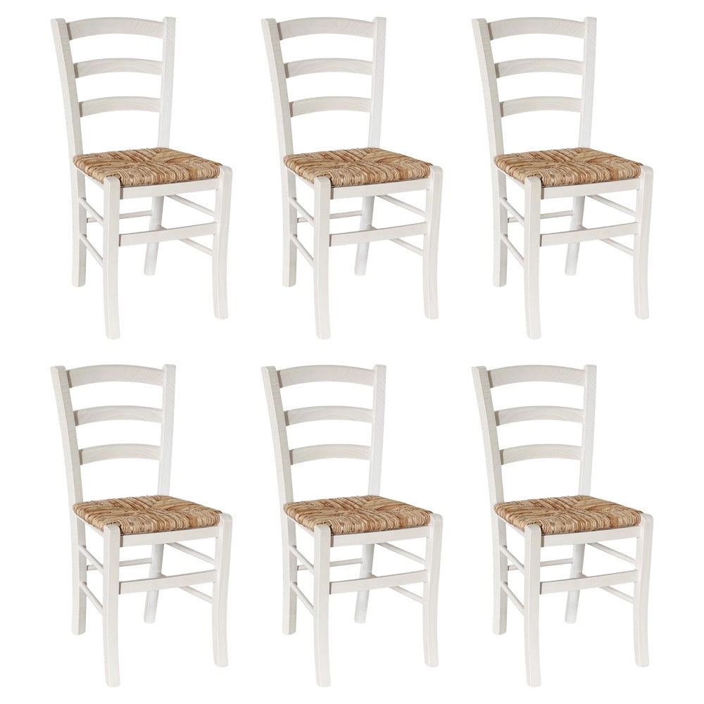 Set di 6 sedie da sala da pranzo Venezia in legno bianco con seduta in paglia