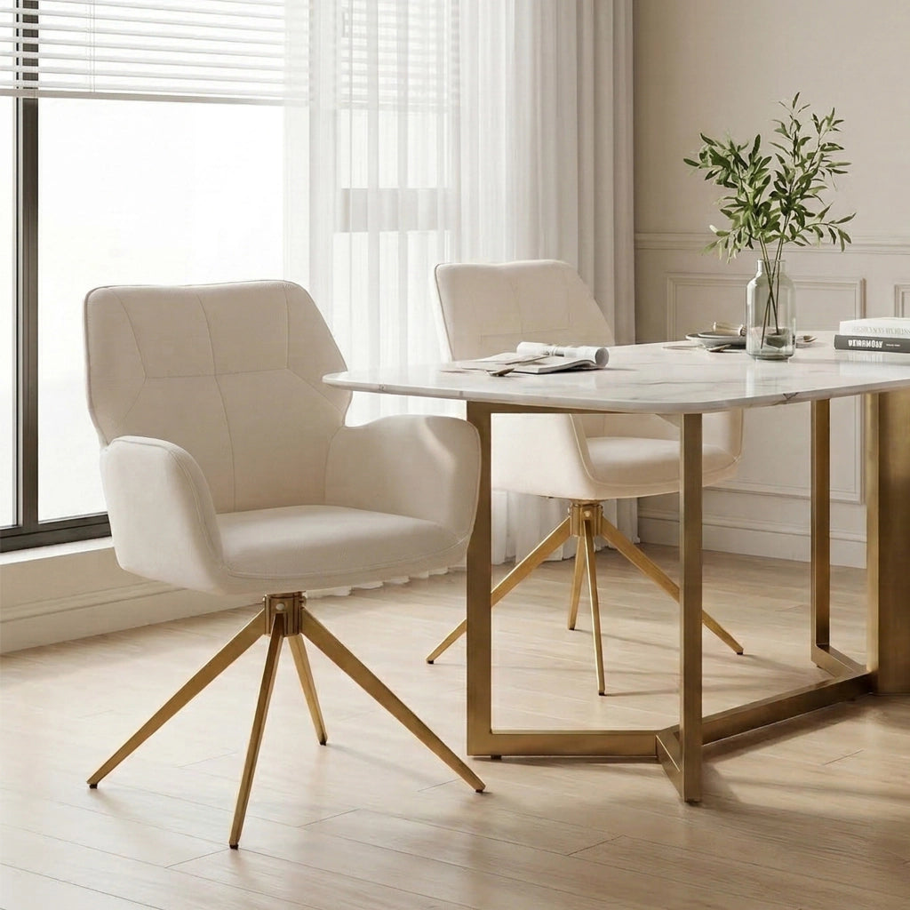 Set di 2 sedie girevoli da pranzo - con braccioli - in chenille e metallo - crema