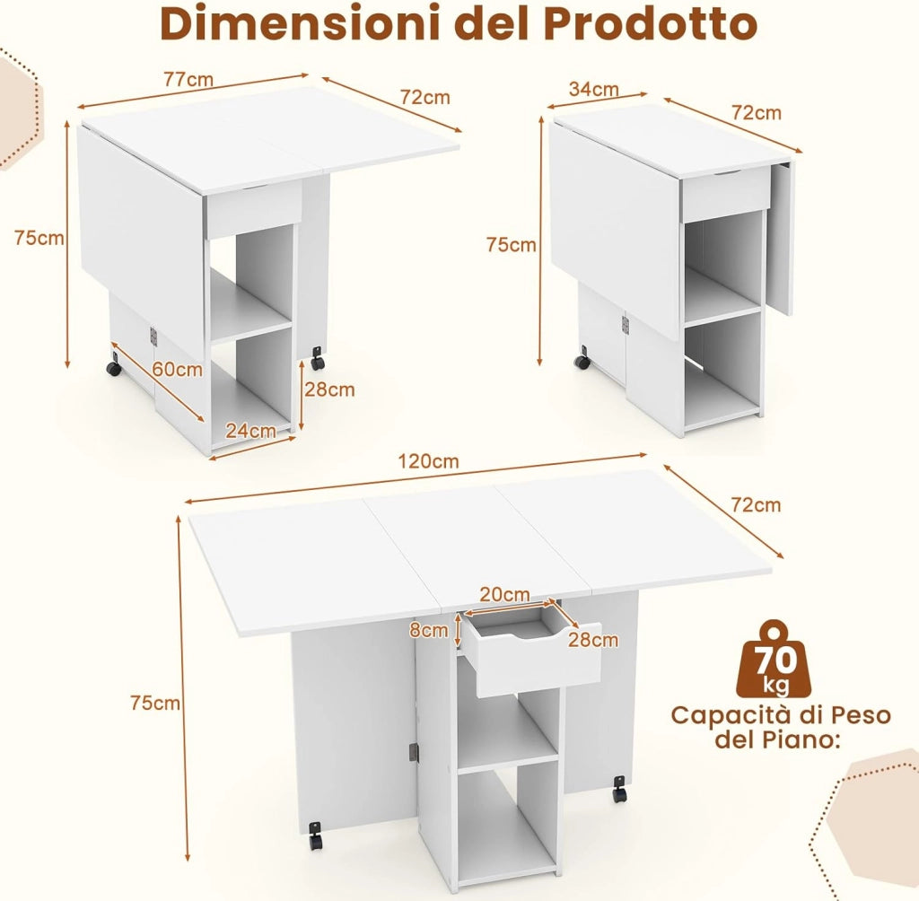 Tavolo da Pranzo Pieghevole, Tavolo Salvaspazio per 4-6 Persone con 2 Ripiani, Cassetto e Ruote a Freno, Tavolino Cucina per Soggiorno, Cucina e Ufficio (Bianco, 34-120 x 72 x 75 cm)
