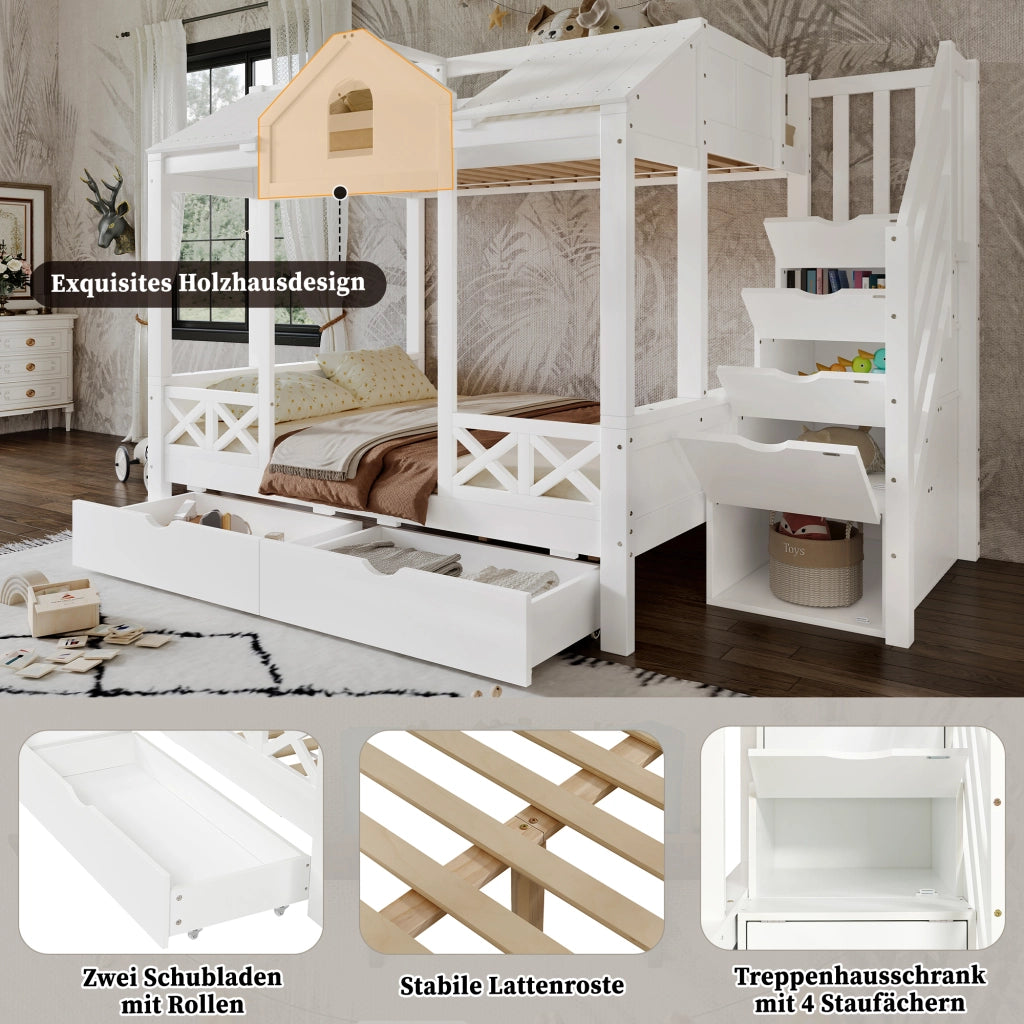 Letto a Castello 90x200 cm e 140x200 cm; con 2 Cassetti e Scala con 4 Scomparti