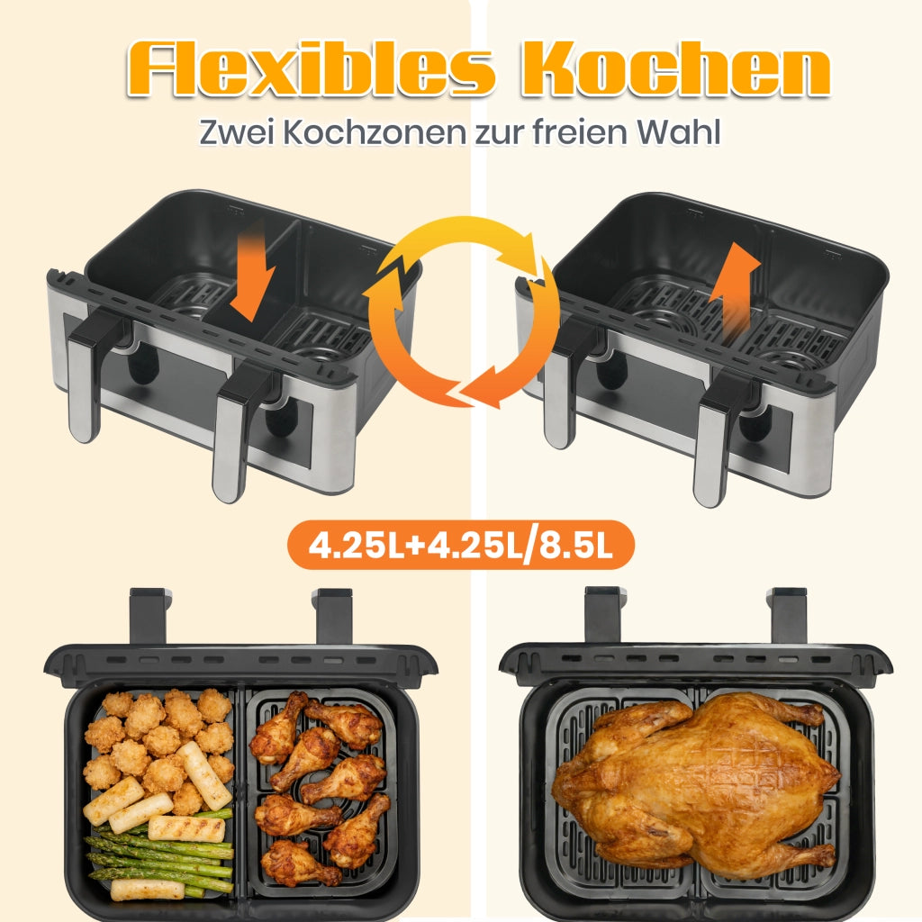 Friggitrice ad aria a doppia camera con obl¨°, 10 programmi di cottura, friggitrice senza olio, forno ad aria calda con touchscreen, friggitrice ad ari