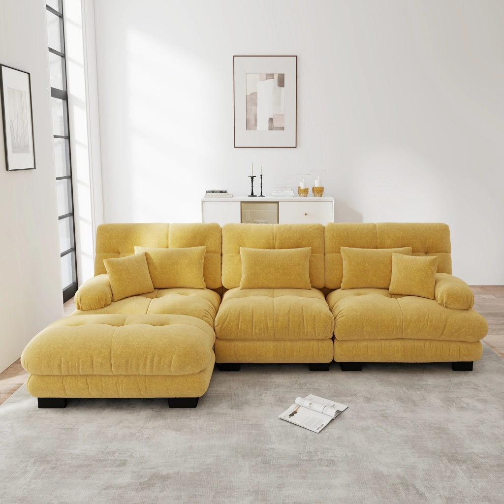 Divano angolare modulare con pouf e cuscini, seduta profonda in ciniglia vintage, giallo 313 × 145 × 81 cm