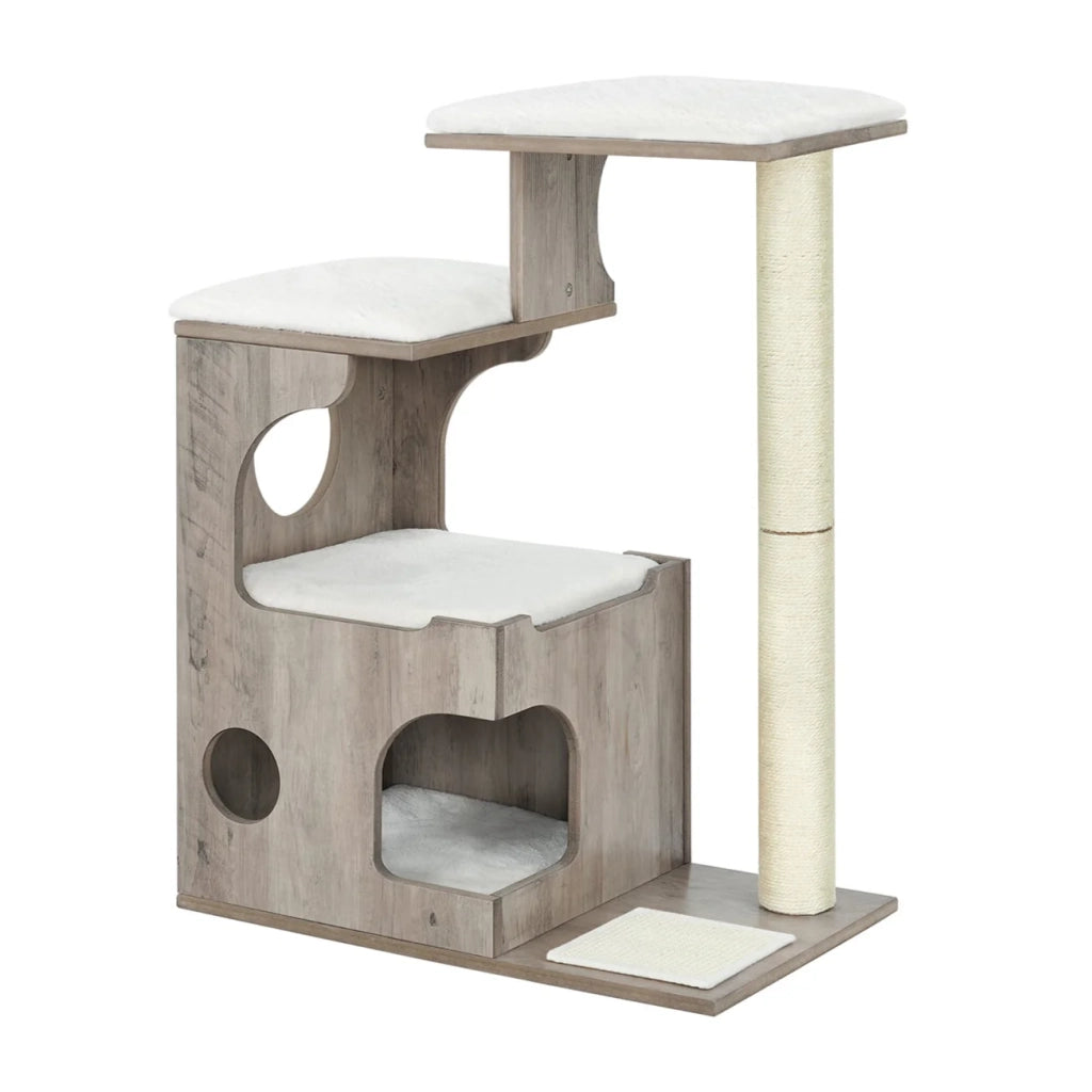 Tiragraffi altezza 88 cm 3 piattaforme e 1 grotta pannello MDF con impiallacciatura in legno palo in sisal pelliccia sintetica lavabile stile vintage grigio 12_0003860