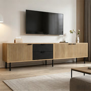 Mobile TV, 208 x 40 x 48 cm, in truciolato, 3 cassetti, finitura effetto legno, color legno naturale e nero