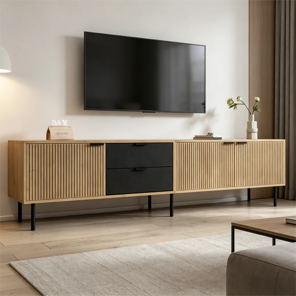 Mobile TV, 208 x 40 x 48 cm, in truciolato, 3 cassetti, finitura effetto legno, color legno naturale e nero