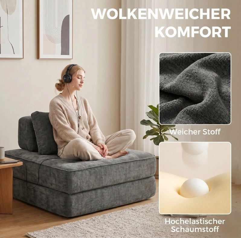 Poltrona a terra pieghevole 2-in-1 in chenille grigia con cuscino di supporto spesso