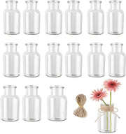 Set di vasi mini 16 pezzi, 125 ml vasi piccoli per decorazione di tavola con 20 m di corda di juta, vasi di vetro per decorazione di tavola, uso domestico, decorazione di matrimonio, compleanno, decorativi di vetro.