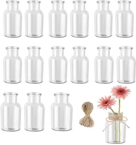 Set di vasi mini 16 pezzi, 125 ml vasi piccoli per decorazione di tavola con 20 m di corda di juta, vasi di vetro per decorazione di tavola, uso domestico, decorazione di matrimonio, compleanno, decorativi di vetro.