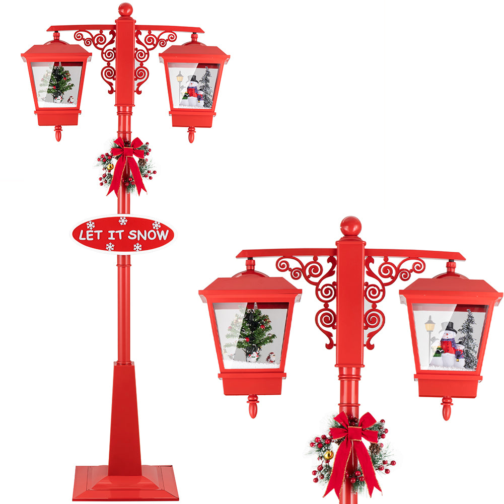 Lampione Natale con Luce LED Scena Natalizia Neve Motorizzata Musica 188cm Rosso