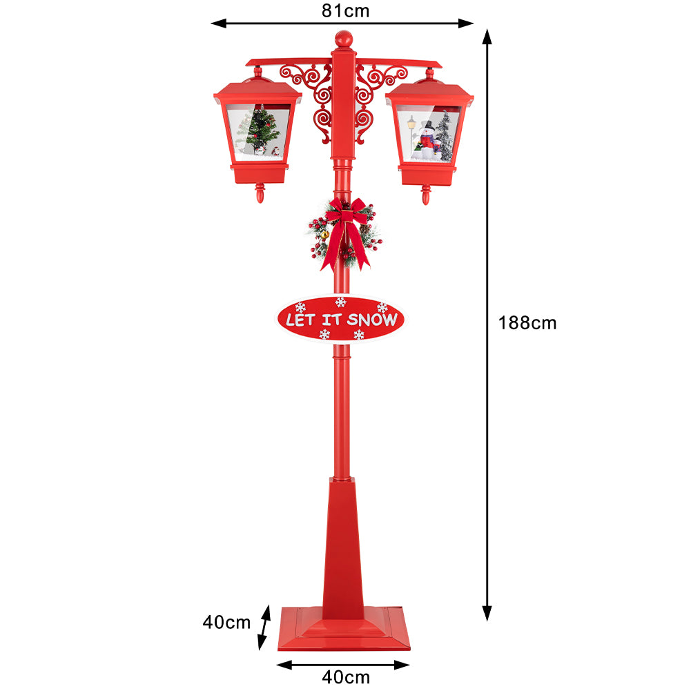 Lampione Natale con Luce LED Scena Natalizia Neve Motorizzata Musica 188cm Rosso