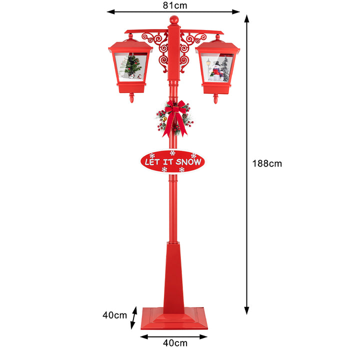 Lampione Natale con Luce LED Scena Natalizia Neve Motorizzata Musica 188cm Rosso