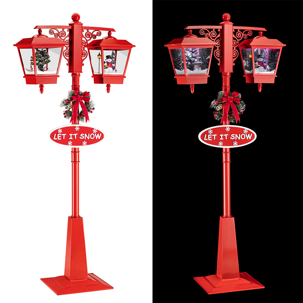 Lampione Natale con Luce LED Scena Natalizia Neve Motorizzata Musica 188cm Rosso