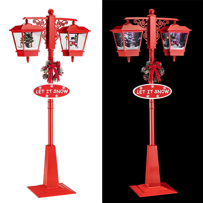 Lampione Natale con Luce LED Scena Natalizia Neve Motorizzata Musica 188cm Rosso