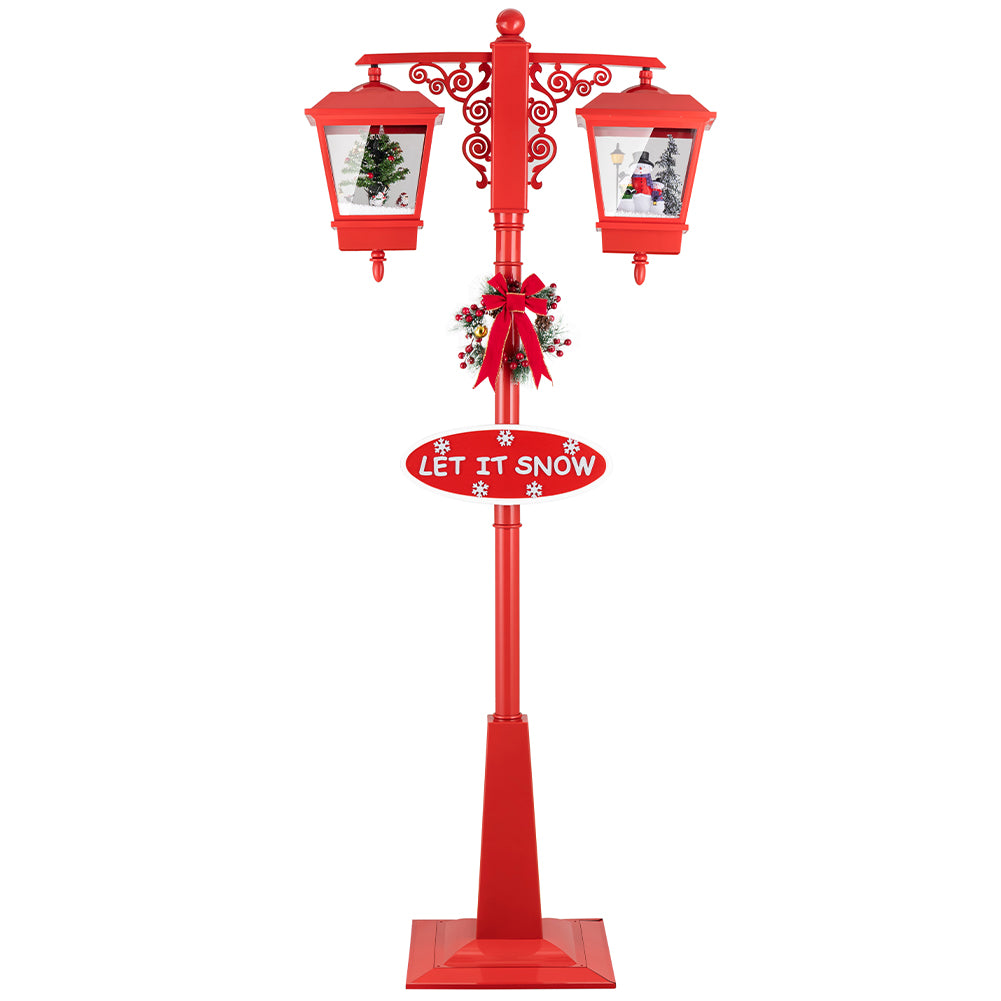 Lampione Natale con Luce LED Scena Natalizia Neve Motorizzata Musica 188cm Rosso