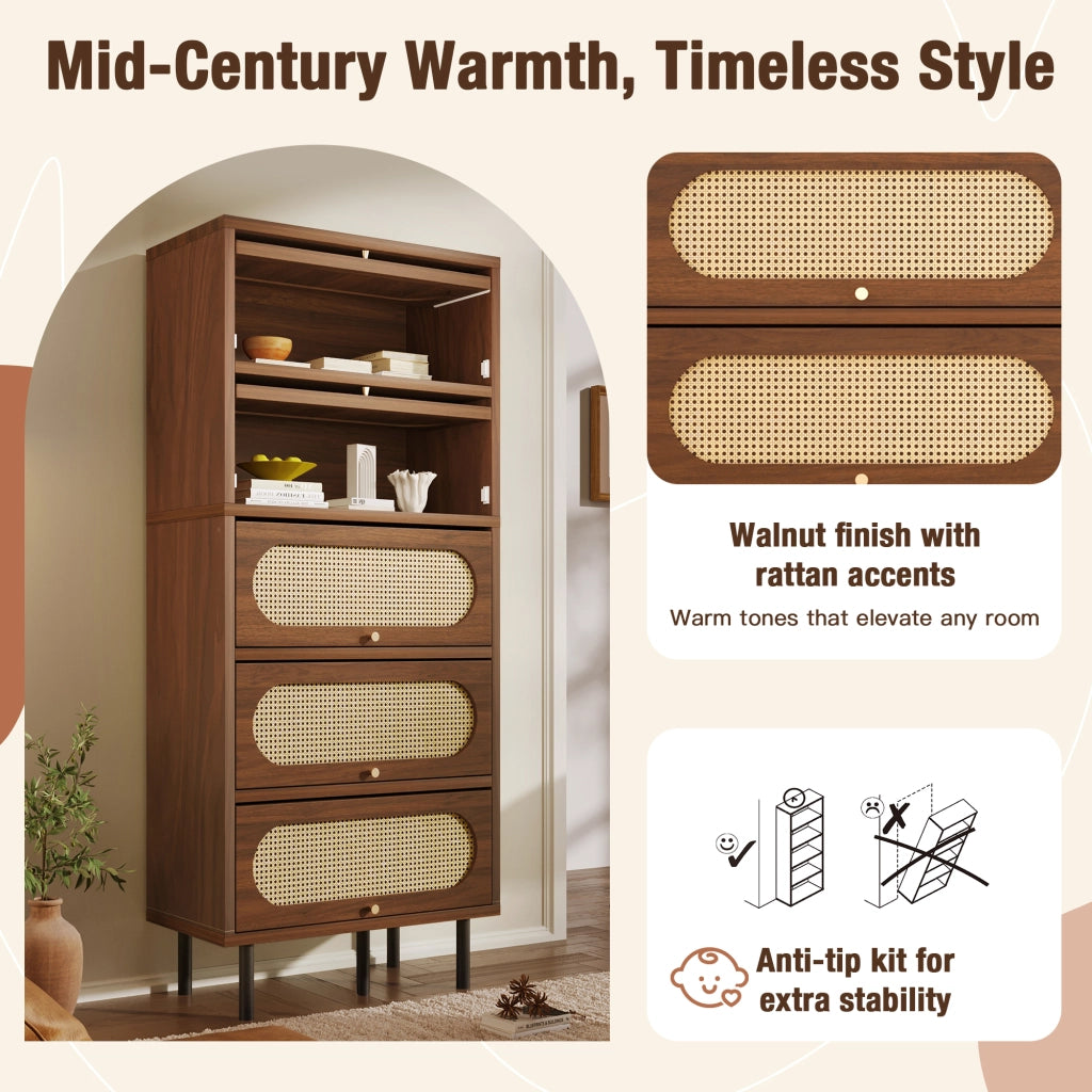 Credenza alta in noce con rattan, 5 ante ribaltabili e vani contenitore, per soggiorno e cucina, 80 × 40 × 163 cm
