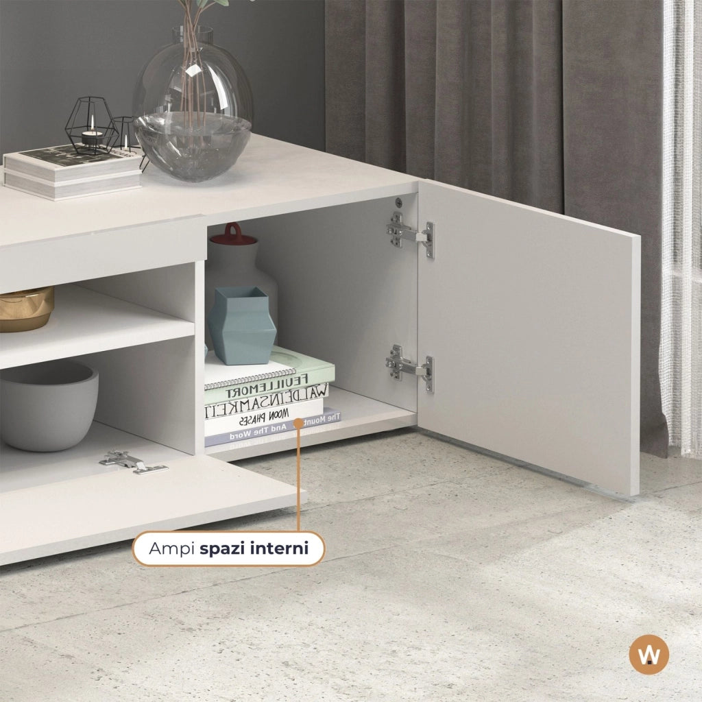 WHOUS Mobile porta tv Potenza con 4 ante e 2 vani aperti bianco lucido 260x40x36 cm