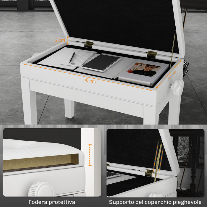 Sgabello Pianoforte 54,5x33x48-58 cm Regolabile con Vano Portaoggetti e Seduta Imbottita Bianco