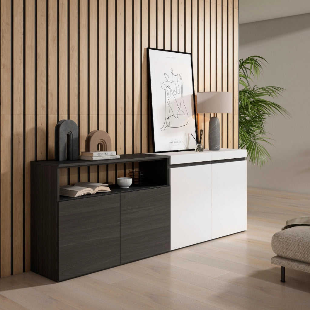 Credenza, Mobile, 200x35x75cm, 4 Porte, grande stoccaggio, Bianco e nero RF2391