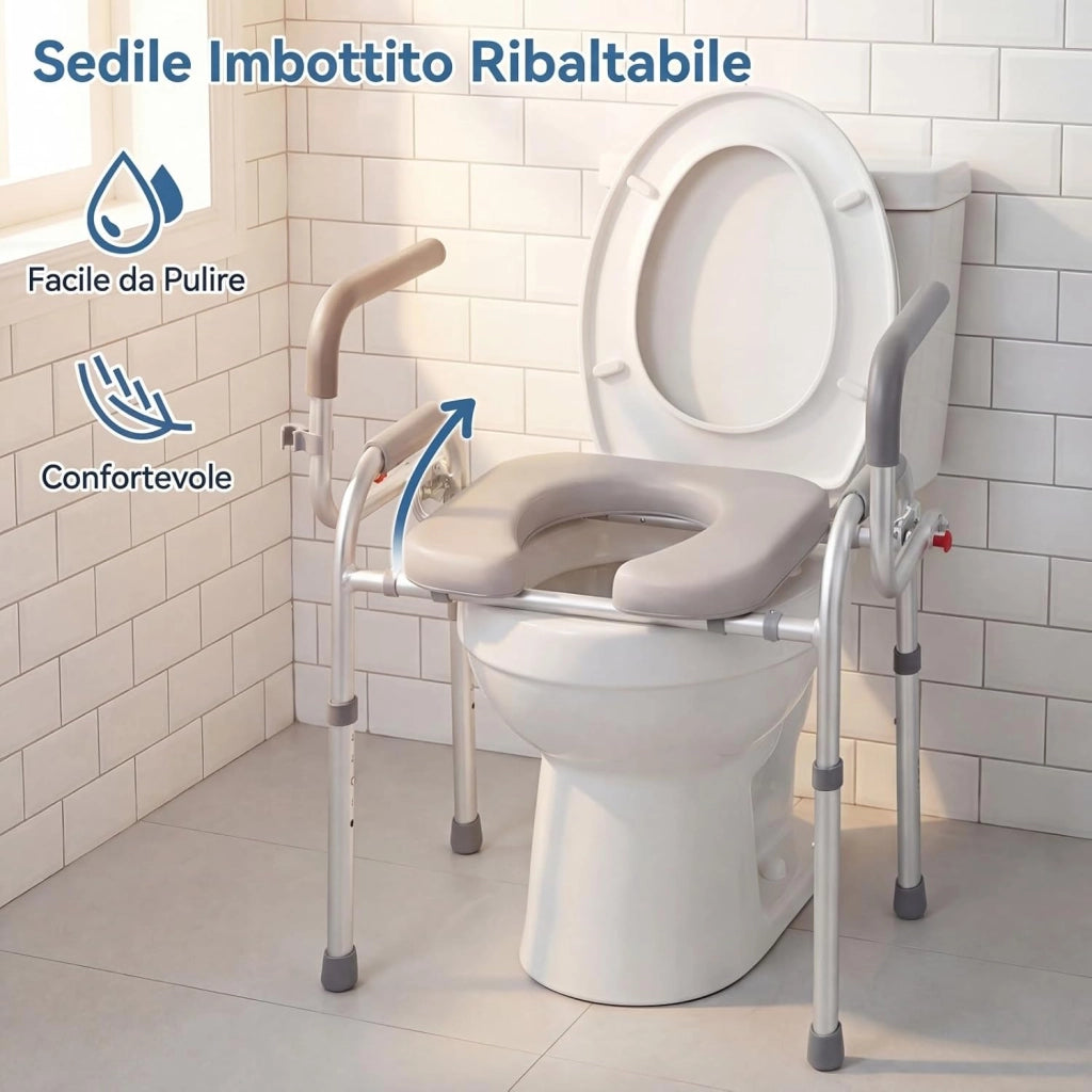 Ringhiera di Sicurezza per WC Portata 136 kg, Barra Bagno con Braccioli Pieghevoli e Supporto Laterale per Doccino, Altezza Regolabile da 49 a 59 cm, Rialzo WC per Anziani e Donne Incinte